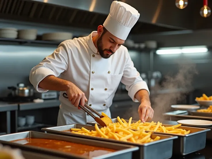 A chef frying French fries in a high-end kitchen