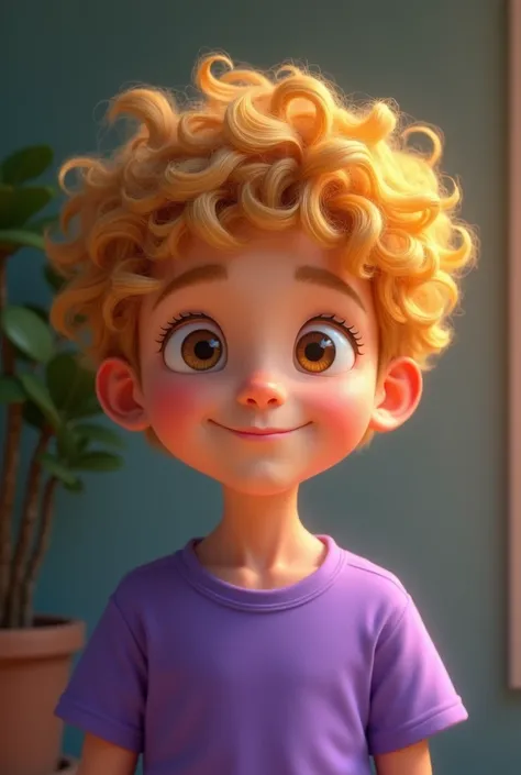  boy wearing glasses with short frizzy curly golden hair with brown eyes. He is is wearing a purple T-shirt