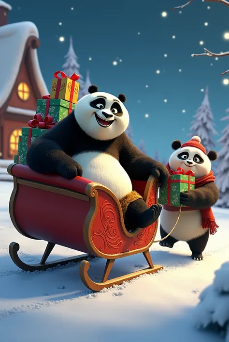 Kung fu panda character :  po riding a Christmas sleigh with many presents in the back looking head-on and next to the second character: Adult panda pulling the sled with ropes. Third character: Mr. Ping with some presents 