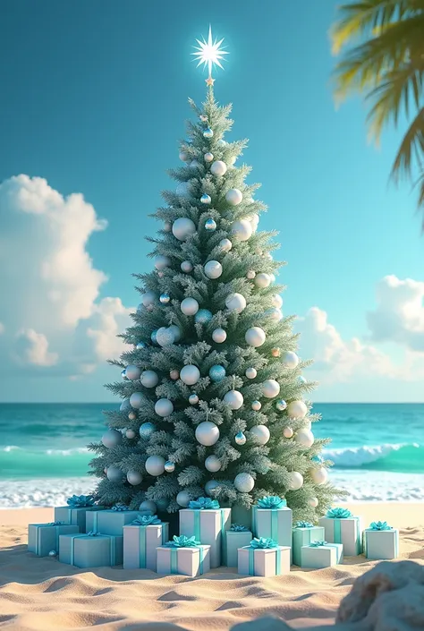  Christmas tree with lots of presents, white and light blue ... Let the bottom be a beach