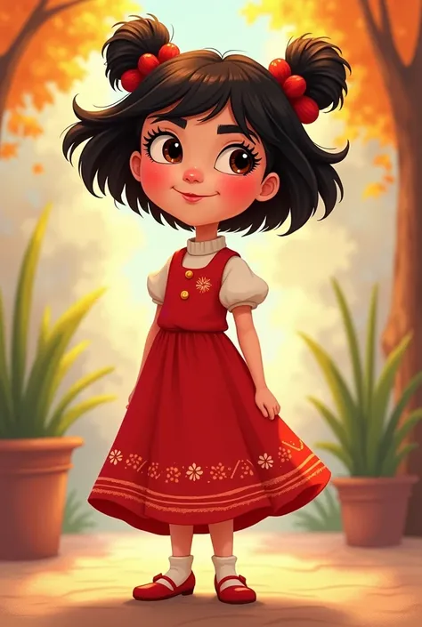 The character of Mafalda in a red dress ,  equals her style and characteristics as a cartoon,  Disney style