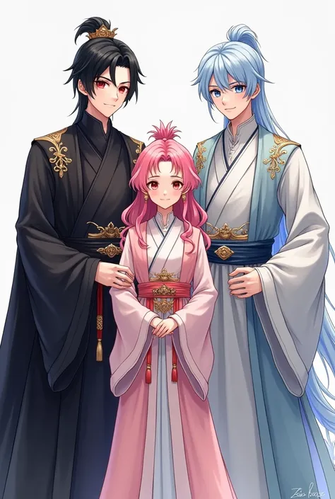 Draw a picture of 2 handsome princes, one with red eyes and black hair wearing a black royal robe with sharp eyes and a cold gaze, the other with blue eyes and light blue hair wearing a soft silver royal robe, then in the middle there is a girl with red ey...