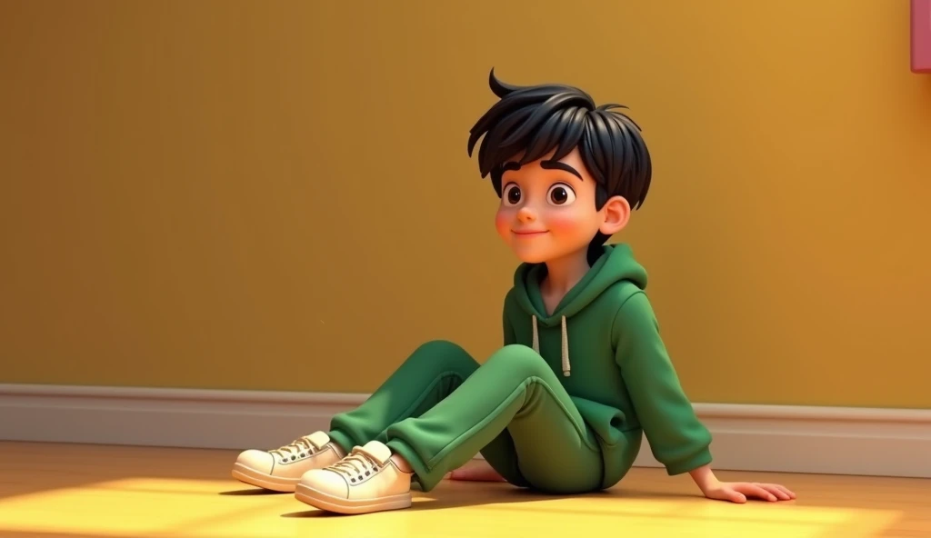  The tall 28-year-old man ,  black hair with bangs ,  is cheerful wearing green hoodies and green pants white shoes, Are you sitting on the floor next to PUMANGOL. 3D Style Disney