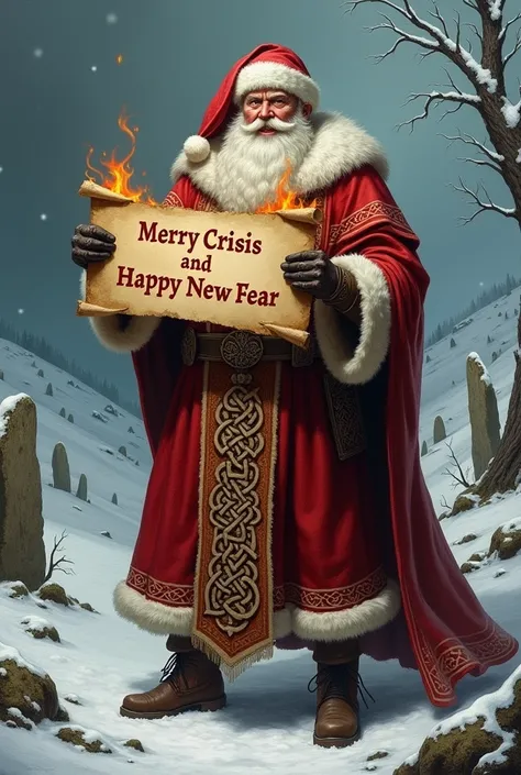 Santa claus as a celtic warlord, snowy ireland. Like painting. Smiling. Burning letters MERRY CRISIS AND HAPPY NEW FEAR