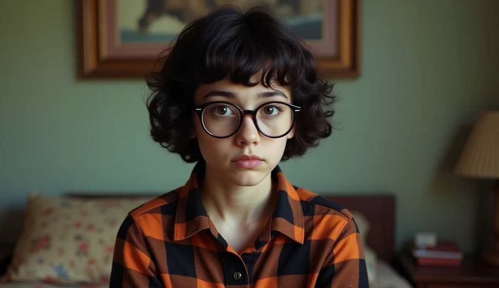 A 21-year-old girl . She has short curly black Chanel-style hair .  She wears a black and orange plaid shirt .  She wears big round nerd glasses .  She has big eyebrows and eyes ,  flattened and pulled at the corners ,  a nose a bit big like a Jewish nose ...