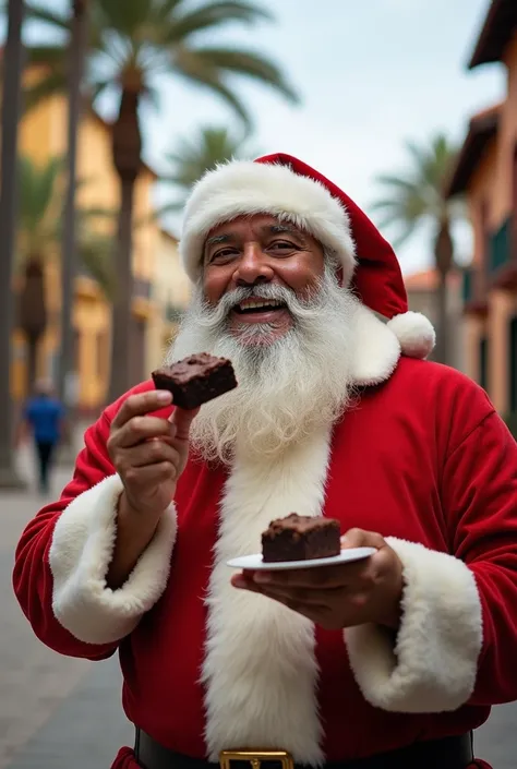  Create an image of Santa Claus enjoying a brownie ,  either holding or eating it ,  with an expression of satisfaction .  in size. Place it in the city of Santa Cruz de la Sierra in Bolivia,  showing characteristic elements such as palm trees , a warm cli...