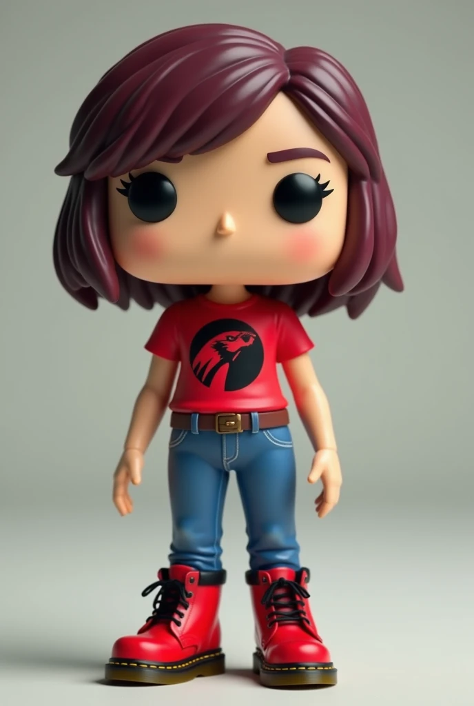 Photorealistic image of a funko pop figure of a girl with short burgundi hair, wearing a red t-shirt with the thundercats logo in black on the chest, blue jeans and red dr martens boots