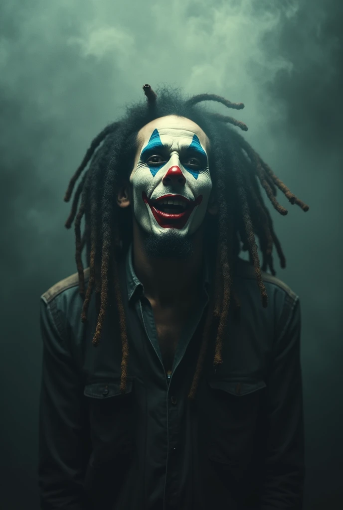 Bobmarley possessed by the spirit of a clown with blank eyes surrounded by smoke