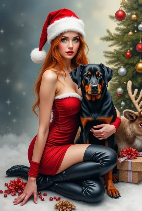     Hyperrealistic watercolor painting A Russian girl      ,  with a curvaceous body      ,      she wears a sexy red tube dress  ,with furry white edges ,    ,   angelic face wears a Christmas hat and tall black Christmas boots  , ,   her hair is long and...