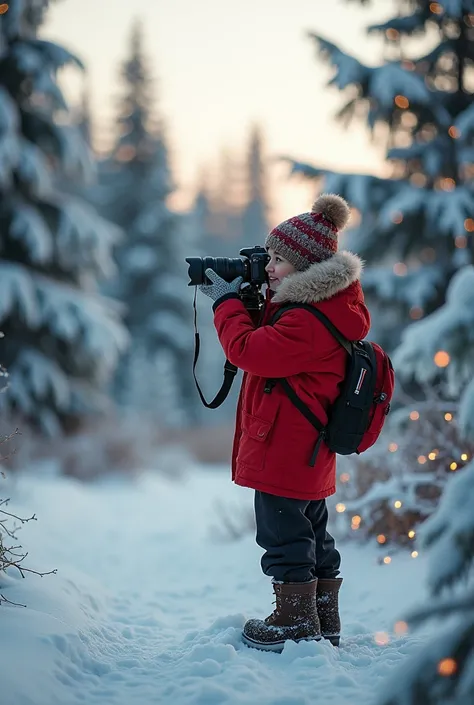 Congratulate Christmas photography theme with camera and snowy pine background