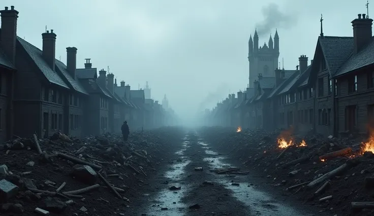 "A post-apocalyptic view of 17th-century London reduced to ashes. Smoldering ruins of wooden houses and buildings stretch as far as the eye can see. Blackened rubble covers the ground, with occasional glowing embers and faint smoke rising from the destruct...