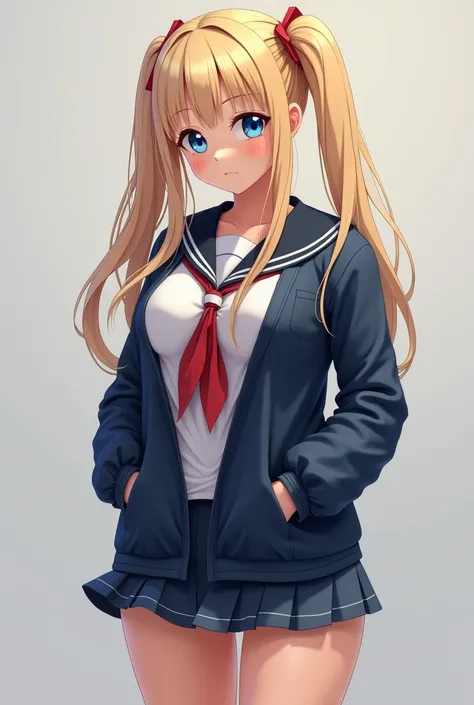 Very realistic. Deep tanned blonde girl gyaru, straight bangs, two pigtails, blue eyes, huge boobs, wearing a schoolgirl uniform, dark blue jacket, short skirt.