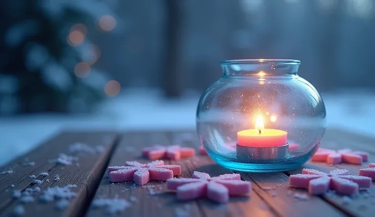 The image features a blue glass ornament, possibly a candle, sitting on a wooden table. The ornament is lit, creating a warm and cozy atmosphere. Surrounding the ornament, there are several pink snowflake ornaments, adding a festive touch to the scene. The...