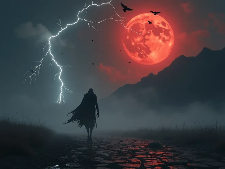 A blood-red moon casts an ominous glow over a foreboding, mystical landscape shrouded in an eerie mist, as white lightning bolts illuminate the darkened sky in a mesmerizing display of celestial fury. The air is heavy with an otherworldly energy, and a lon...