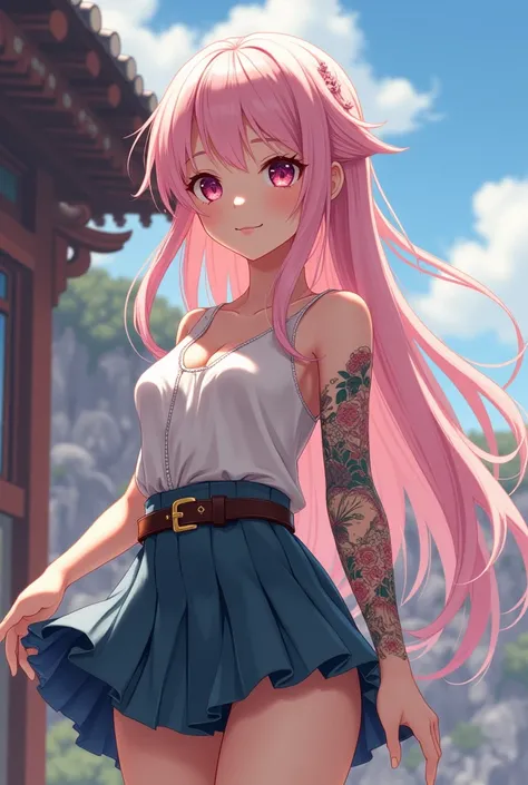  Anime Character, Medieval girl , light pink hair long hair with open bangs,  girl with Japanese-style tattoo on her left arm ,   defined waist with navel and mini skirt with belt 