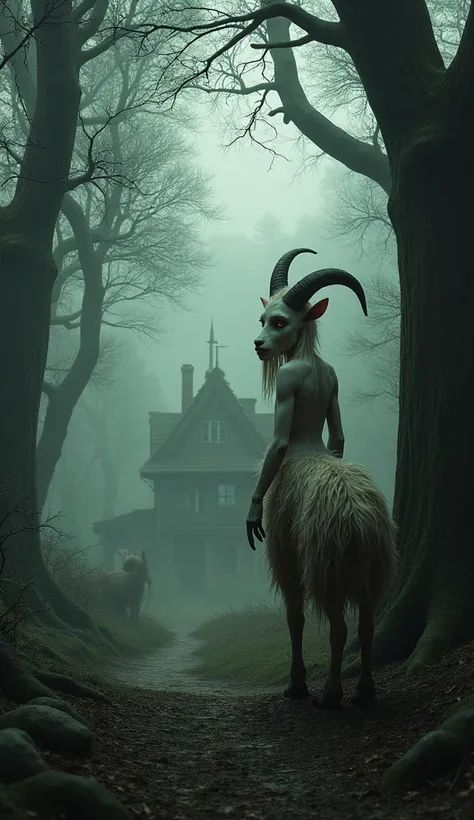  A bizarre humanoid figure with the body of a goat, standing at the edge of the forest ,  her eyes fixed on the houses of the village ,  with a menacing and enigmatic presence 