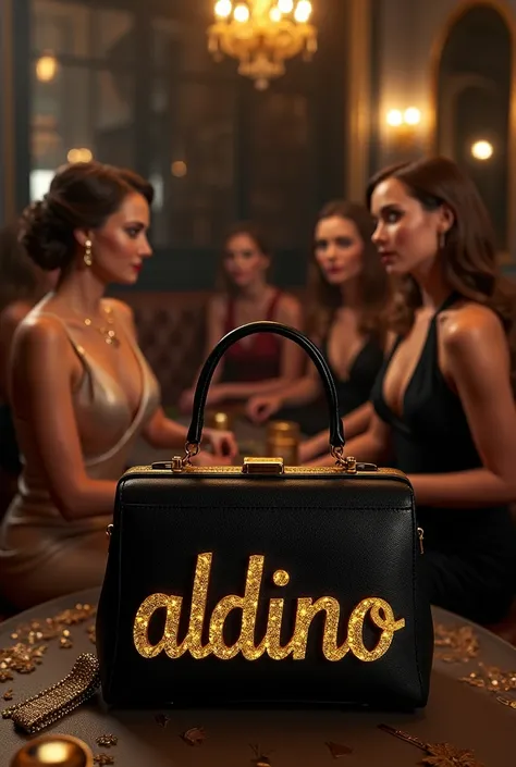 , I created a 3D picture containing some womens soiree and a black womens bag with a word in the middle "ALDINO " In a shiny gold color 