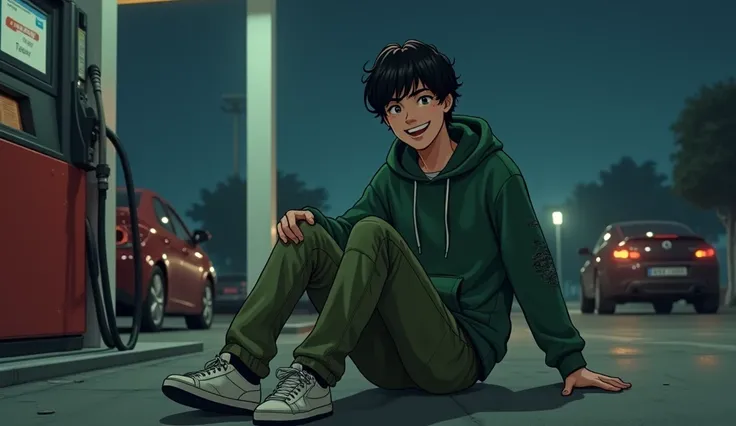  The tall 28-year-old man ,  black hair with bangs ,  are cheerful in a torn green hoodie , And ripped green pants , dirty white shoes ,  is sitting on the floor next to a gas tank with cars filling up,  in a setting with a very dark night mood. 3D Style D...