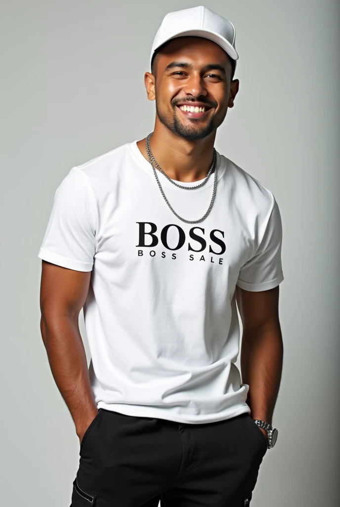 A Latino man dressed in a white BOSS t-shirt with the logo in the center, a white cap, a thin silver chain, black Joggers cargo skinny jeans and white Tommy Hilfiger shoes. 