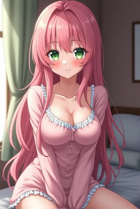  5 18 year old women all with pink hair , annoying ,  have big breasts ,  In a quiet room ,  green eyes, Annoying smile,  all dressed in pajamas ,  lustful eyes , close to the camera, Looking forward 
Create an image where you are the 5 anime-type women