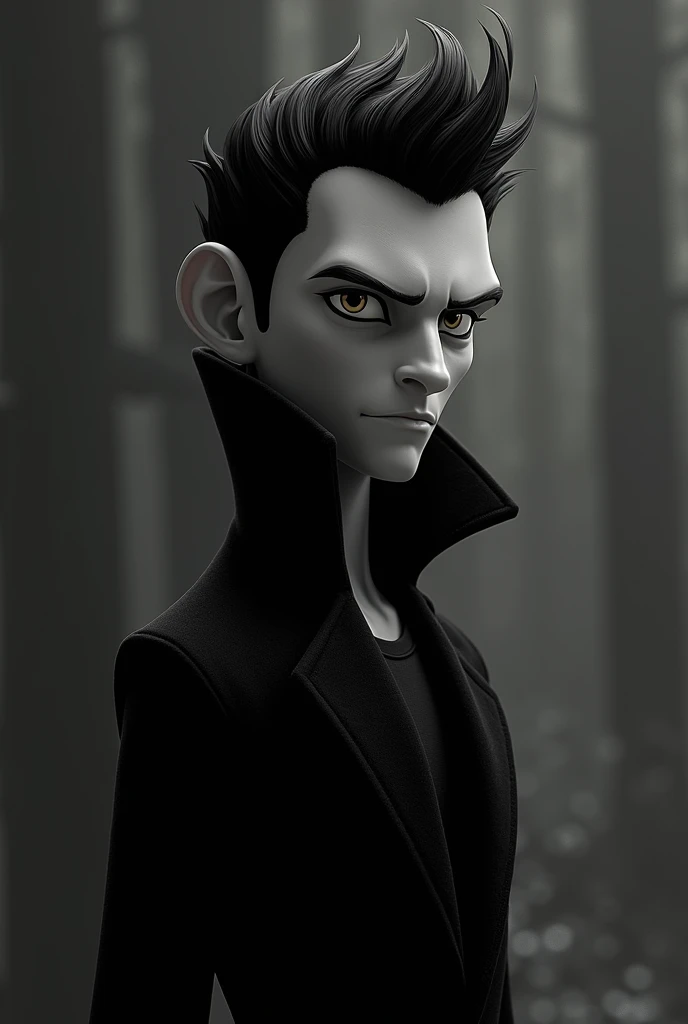 Pitch black from rise of the guardians film, shirt Combed back black hair, Black long coat, Black and white picture, cinematic, ultra realistic