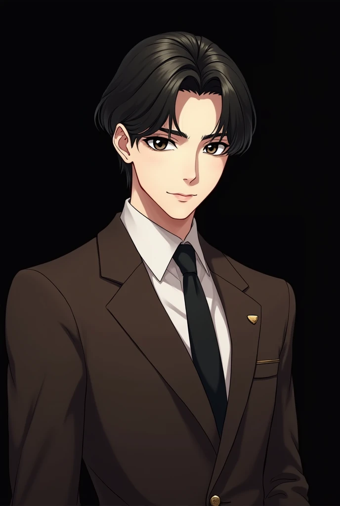 An anime cartoon men with handsome face wearing brown suit with korean curtain cut hairstyle with white skin with black eye with black background