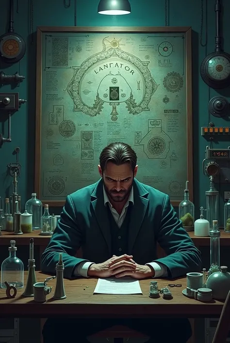 evil genius lab, man at the table with tools in the foreground,  board with mysterious signs in the background