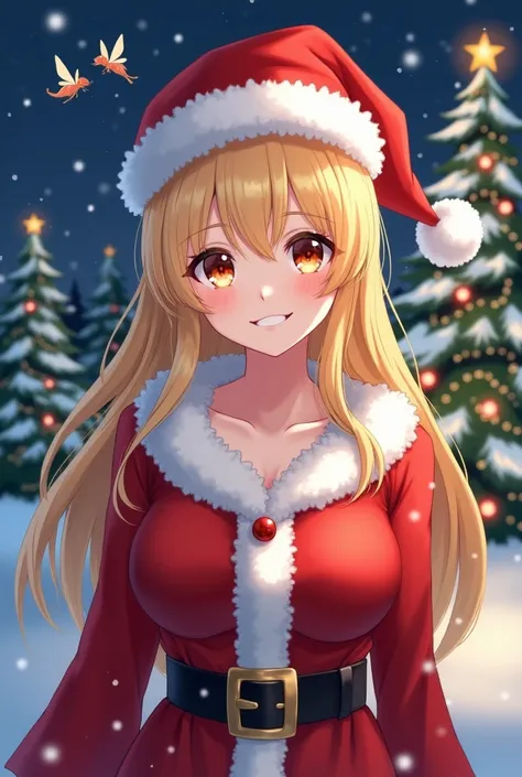   Beautiful young woman dressed as Santa Claus  , honey-colored eyes and hair  ,   very white skin,  big breasts , Friendly smile .   anime style  .   The background should be a snowy night with a decorated and illuminated Christmas tree.  Fairy fairies fl...