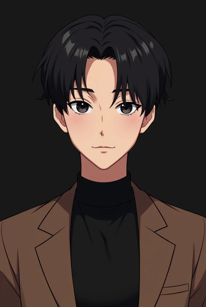 An anime cartoon men with handsome face wearing black shirt brown suit with no tie and with korean curtain cut hairstyle with white skin with black eye with black background