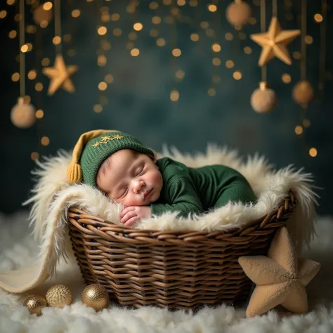  realistic photo of a newborn baby sleeping in a basket made of jasmine lianas,  wearing a green jumpsuit with a gold cap . A large fluffy velvety plush Christmas star is positioned on the side.  The background is a night sky with Christmas lights falling ...