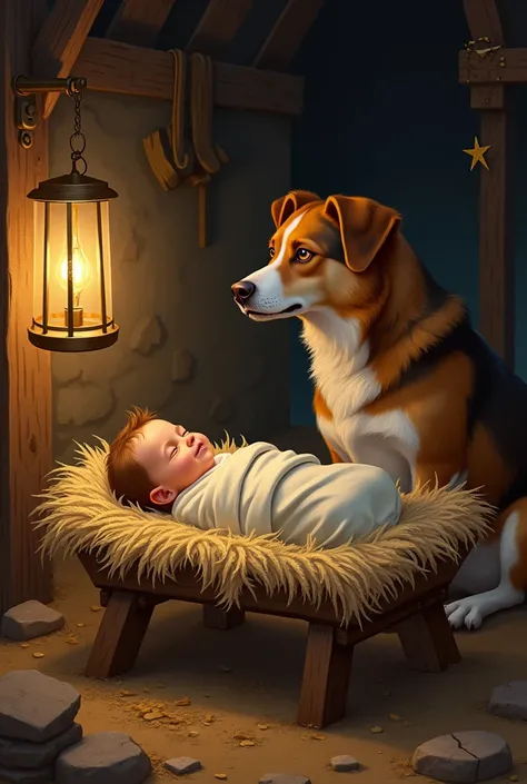 Create an image of the birth of the baby Jesus and that a dog is present