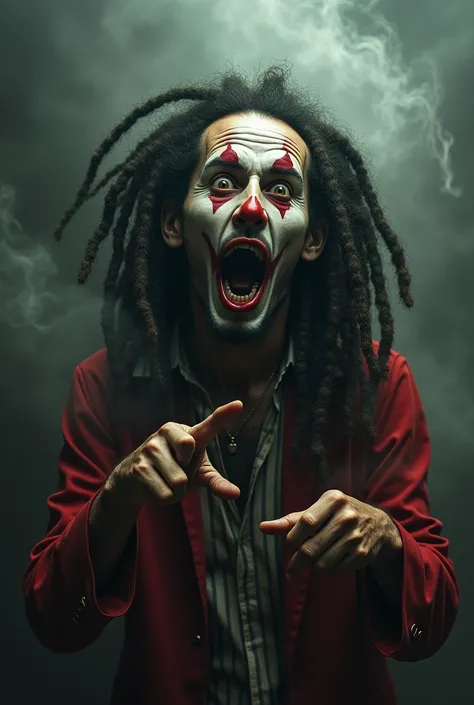 Bobmarley possessed by an evil spirit of a clown with his eyes rolling and pointing fingers surrounded by smoke