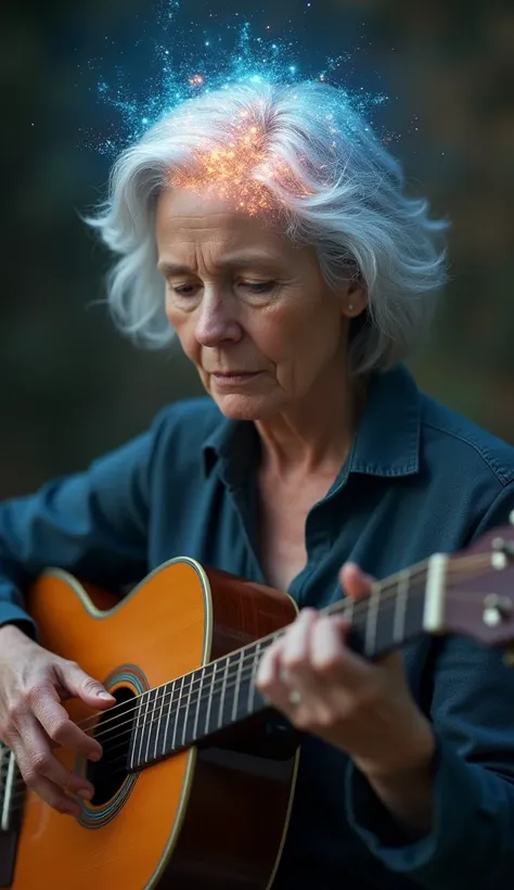  an image of a woman, 50 years,  gray hair ,  playing guitar , At the height of your head the graphic representation of an illuminated brain