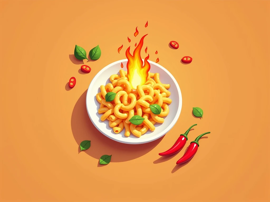 Square macaroni in a white bowl, spicy with flames, some red chillies near the plate, with small sliced leaves on top, matte orange coloured background, cartoon-like, seen from the top right perspective.

