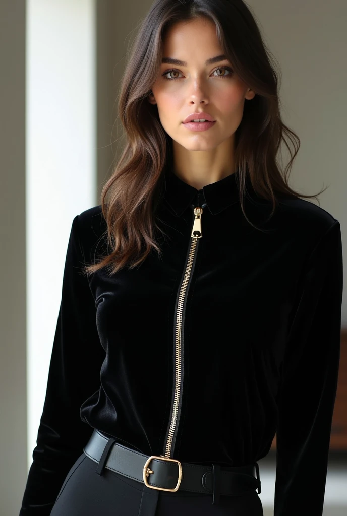 Woman with stylish black velvet sporty blouse and gold zipper