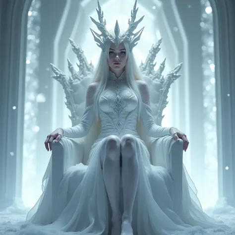 Dragon queen look full human, background the Frost, white Aura , hips up, 8k, hd, from knees to head picture poses, only show from knees to head poses, milky white skin, focus on the character, human skin, sitting on a throne mode of ice crystals , close d...