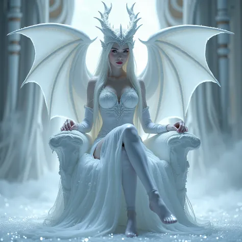 Dragon queen look full human, background the Frost, white Aura , hips up, 8k, hd, from knees to head picture poses, only show from knees to head poses, milky white skin, focus on the character, human skin, sitting on a throne mode of ice crystals , long di...