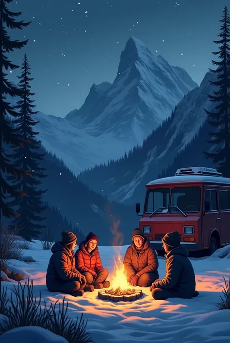  snowfall in mountain forest at night, with a tempo traveler parked beside a bonfire. Five friends,  sit close to the bonfire, backside big velly of mountains series 