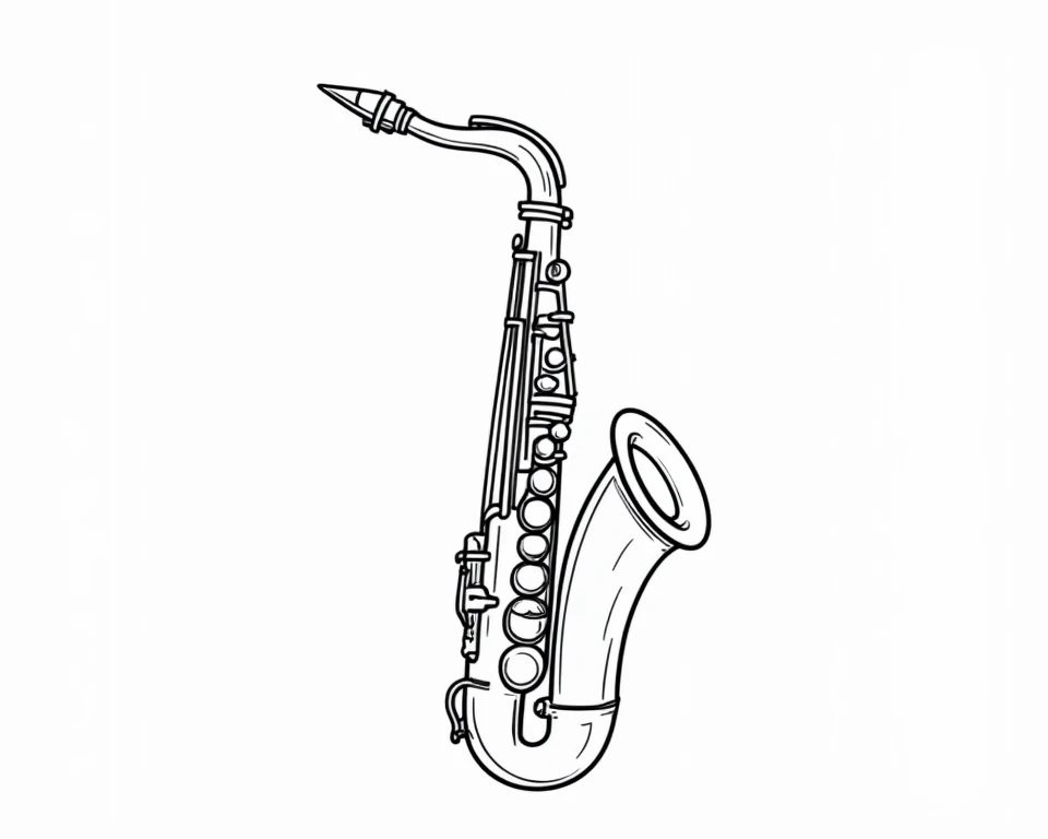 "A black-and-white line art illustration of a saxophone, drawn with clean and detailed lines. The saxophone is shown in its entirety, focusing on its distinctive curves and key features, without any shading or background. The illustration is simple and cle...