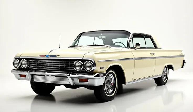 "Ultra-high-definition front-side view of a classic cream-colored Chevrolet Impala with a smooth and polished finish. The car features a sleek chrome grille, shiny chrome bumper, and iconic headlights with intricate detailing. The side profile highlights t...