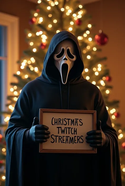 Ghostface from the movie scream  wearing a black cloak black gloves background Christmas lights around Christmas tree holding a sign text merry Christmas Twitch streamers 