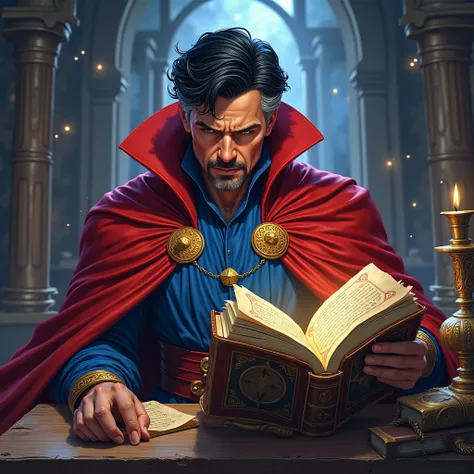 Doctor Strange is reading an old bookin the style of Marvel