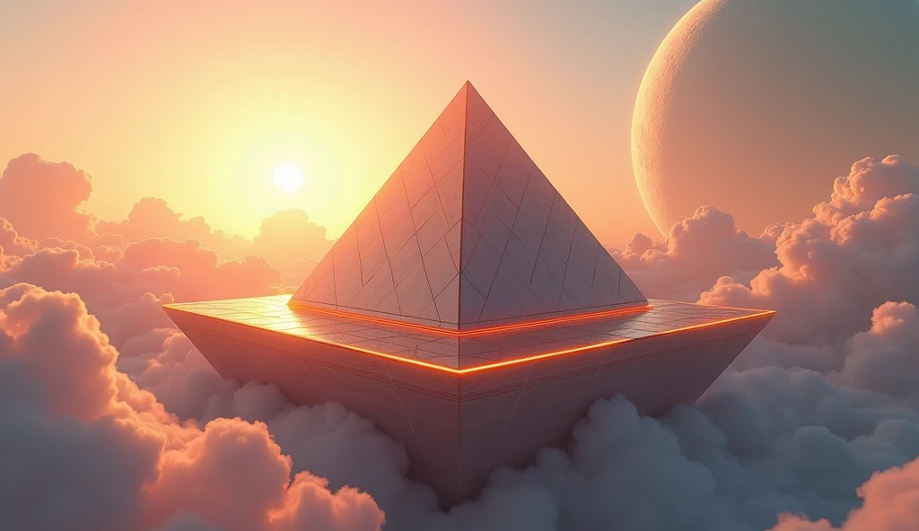 "Design an ultra-detailed digital artwork of a futuristic metallic pyramid floating above a sea of clouds, glowing with amber-lit panels along its surface. The setting is an otherworldly sky, with a bright sun casting ethereal light and a massive planet or...