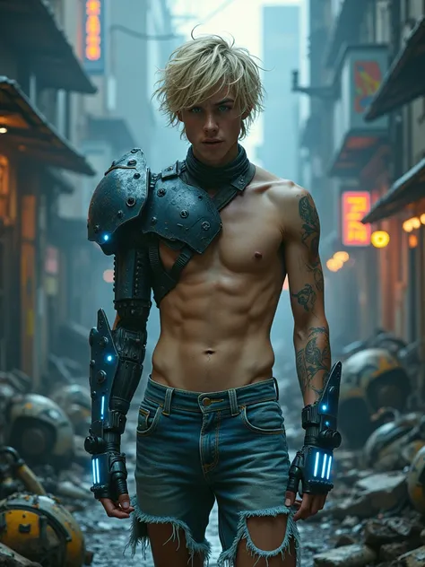 A young adult teen, maybe 19-years-old, with messy,  blonde hair and pale skin embedded with small blue cybernetic ports around his temple and wrists. Shirtless. agile and tech-driven armor shoulderpad, featuring sleek, lightweight  with glowing blue neon ...