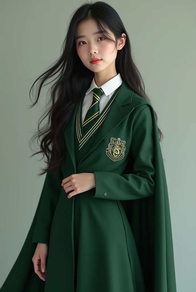 Realistic, realism, High resolution, high quality,
A beautiful 20 year old girl, beautiful elegant (long black hair, wearing Harry Potter school uniform, Slytherin house dress along with cape) korean girl, full body shot