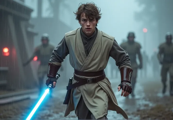 19 year old padawan human white man with short messy curly brown hair,  ripped and slighty muscular, piercing pale grey eyes handsome, wearing light grey jedi tunic with white patterns on edges, dark grey jedi tunic underneath, dark grey jedi pants, brown ...