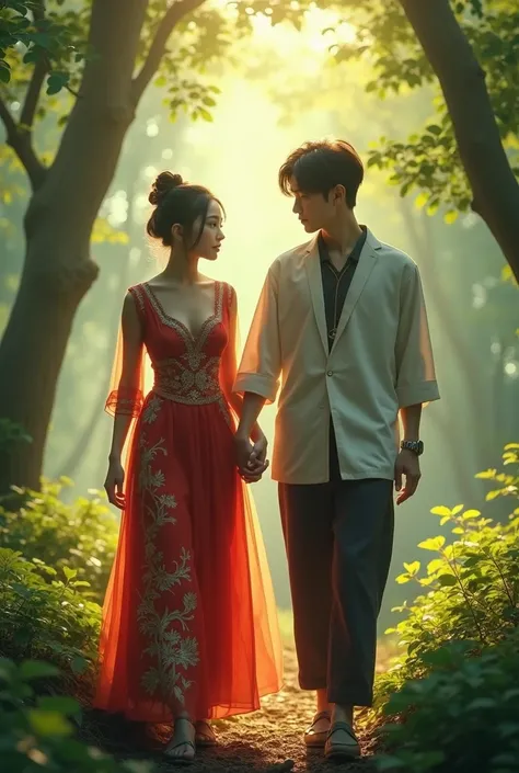 I want a girl wearing an old Chinese dress and a man who all looks like Kim Taehyung Bi walking in a forest and he collapsed
