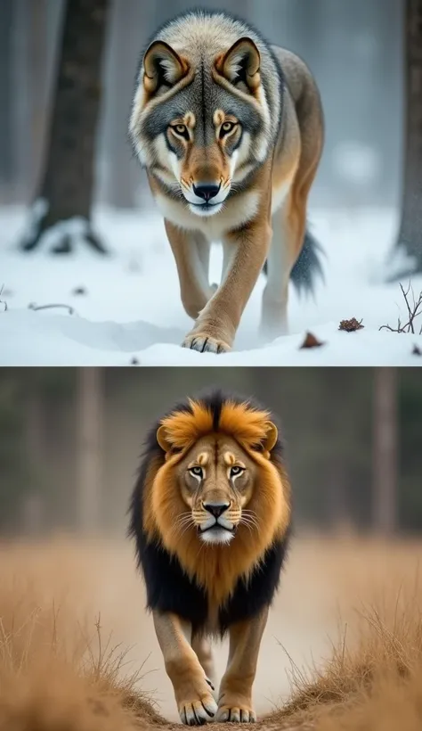 A cinematic showdown between two apex predators. The top image captures a full-body wolf moving stealthily yet confidently through a snowy forest, its thick fur glistening with frost and sharp eyes focused forward. The bottom image shows a lion, its golden...