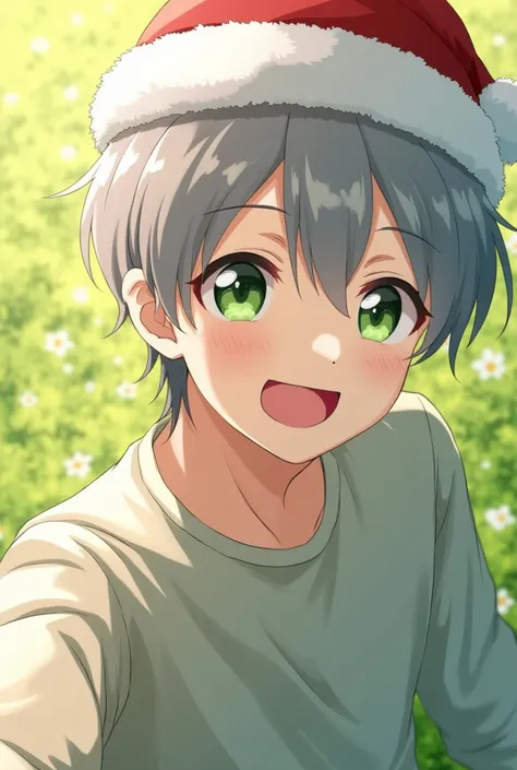 score_9, score_8_above, score_7_above, source_anime,  review_ sure, is,  natural lighting , tema spring, flores, petals,  male focus , Selfie,  smiling, Blush, tsAsta BC, gray_tsAsta BC_ tight hair , green_tsAsta _eyes, smile, Teeth,  big arms , 1 boy,  bl...