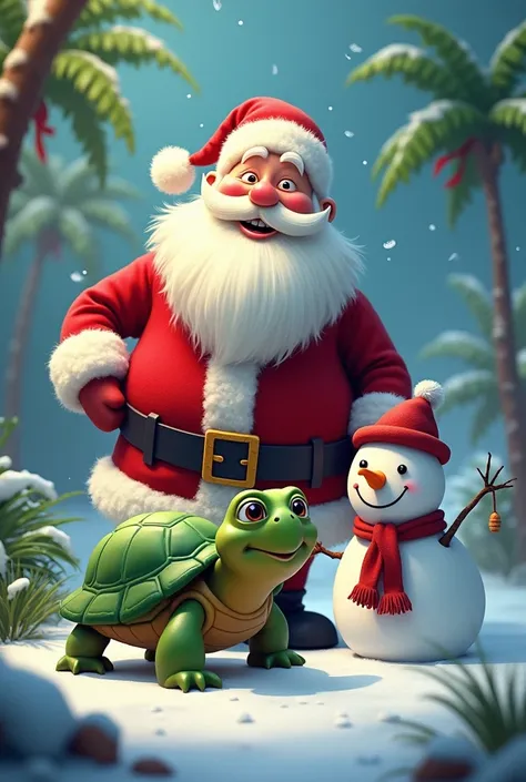 Santa Claus with a Florida turtle and a snowman 